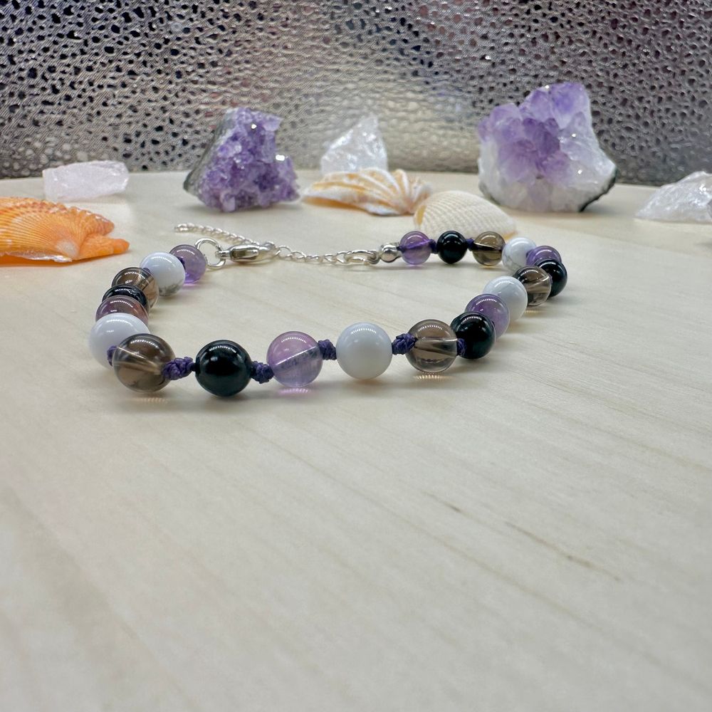 Amethyst Onyx Sterling Silver Beaded Bracelet – Adjustable G...