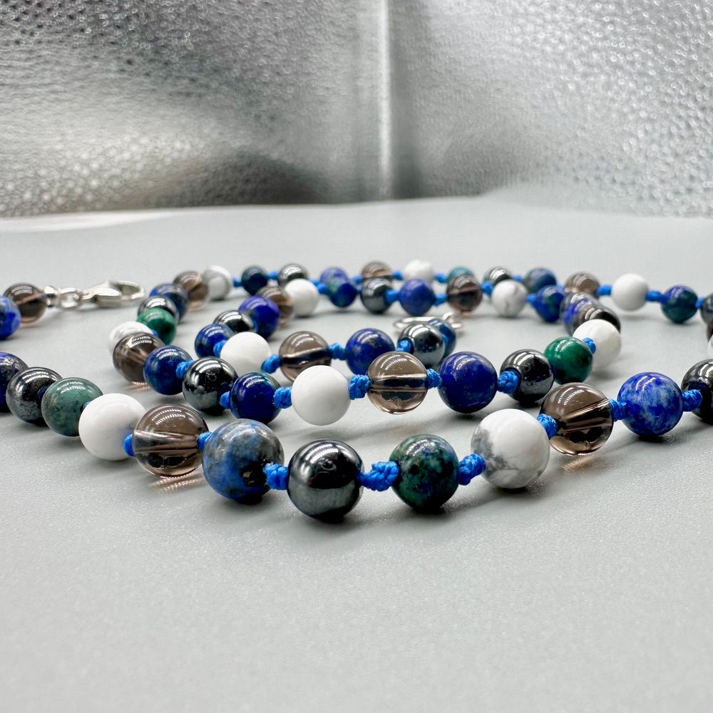 24" Gemstone Necklace: Lapis Lazuli, Hematite & Sterling Sil...